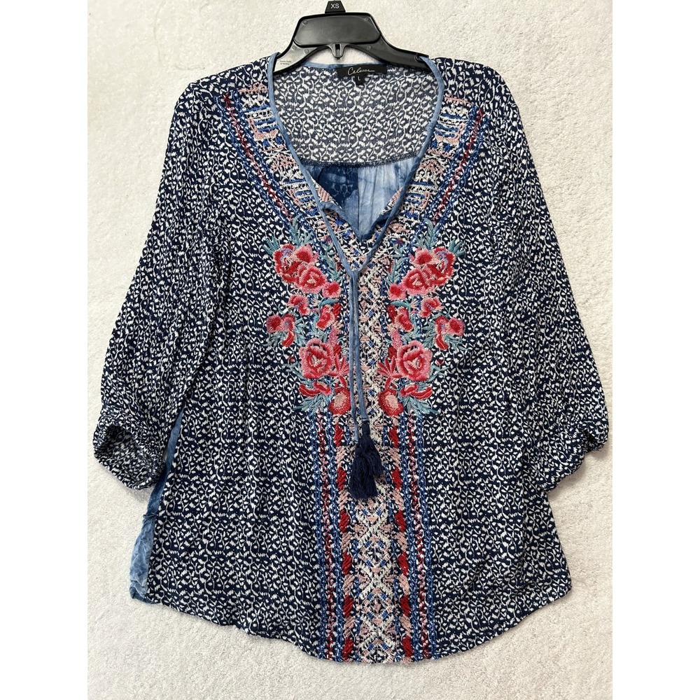 Calessa Womens Size L Blue 3/4 Sleeve Floral Blouse Top (L6)